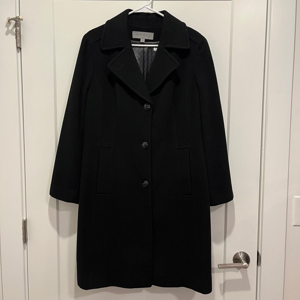 Anne Klein Black Wool Blend Mid-Length Button Front Coat Size 12